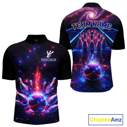 Personalized Galaxy Bowling Shirt Polo & 1/4-Zip for Men Bowling Jersey League QZT837