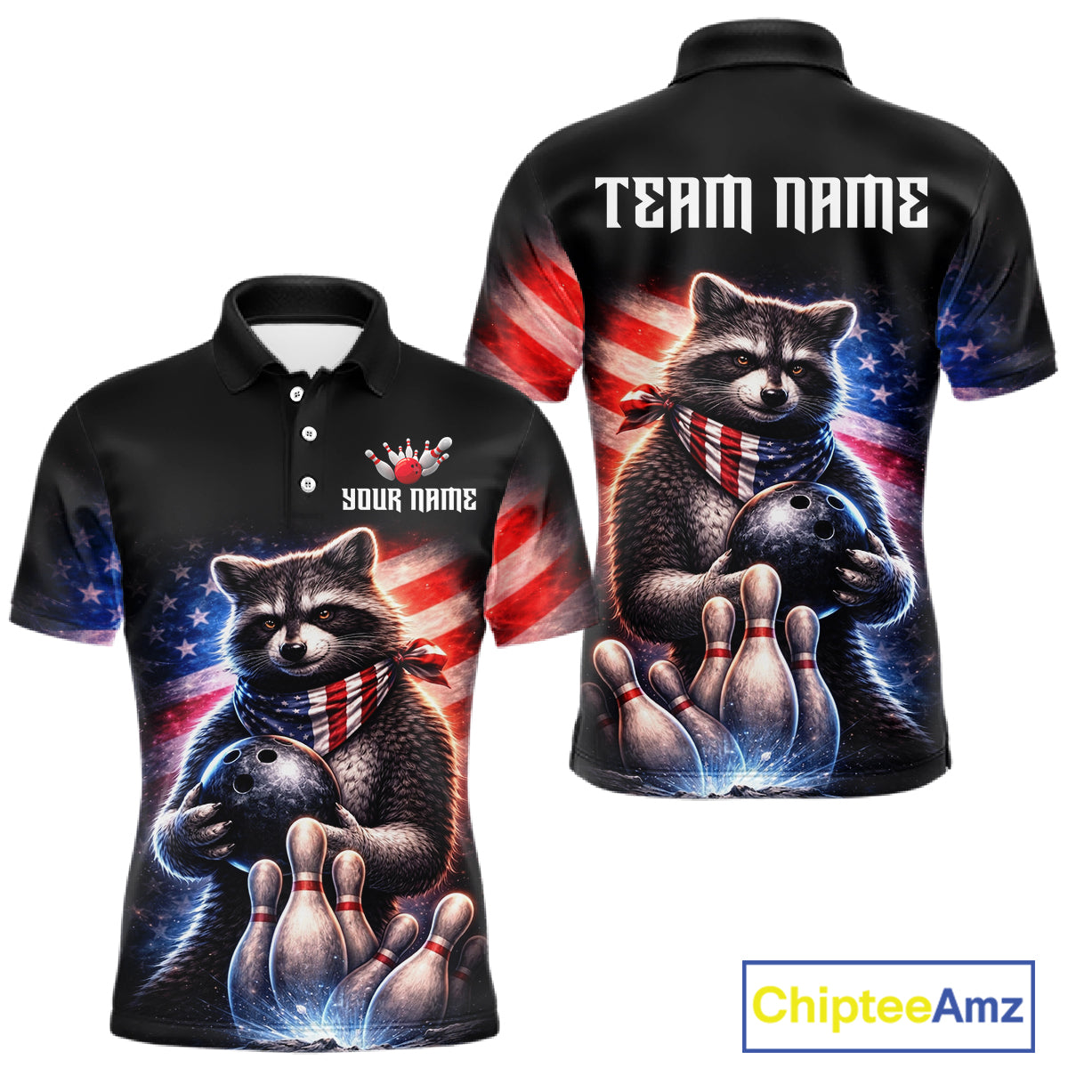 Custom American Flag Raccoon Bowling Shirt Bowling Jersey for Men Patriotic Bowling Polo & 1/4-Zip QZT974