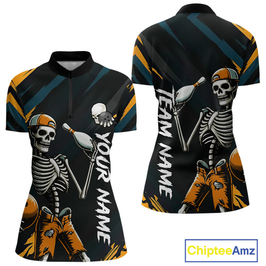 Custom Yellow Skull Bowling Team Shirt for Women Polo & 1/4 Zip Bowling League Jersey Bowling Gift QZT794