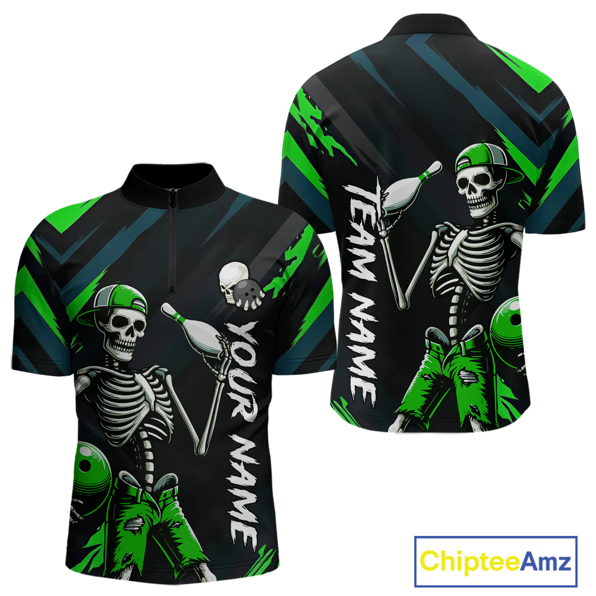 Custom Green Skull Bowling Team Shirt for Men Polo & 1/4 Zip Bowling League Jersey Bowling Unisex QZT794