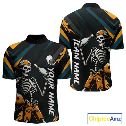 Custom Yellow Skull Bowling Team Shirt for Men Polo & 1/4 Zip Bowling League Jersey Bowling Unisex QZT794