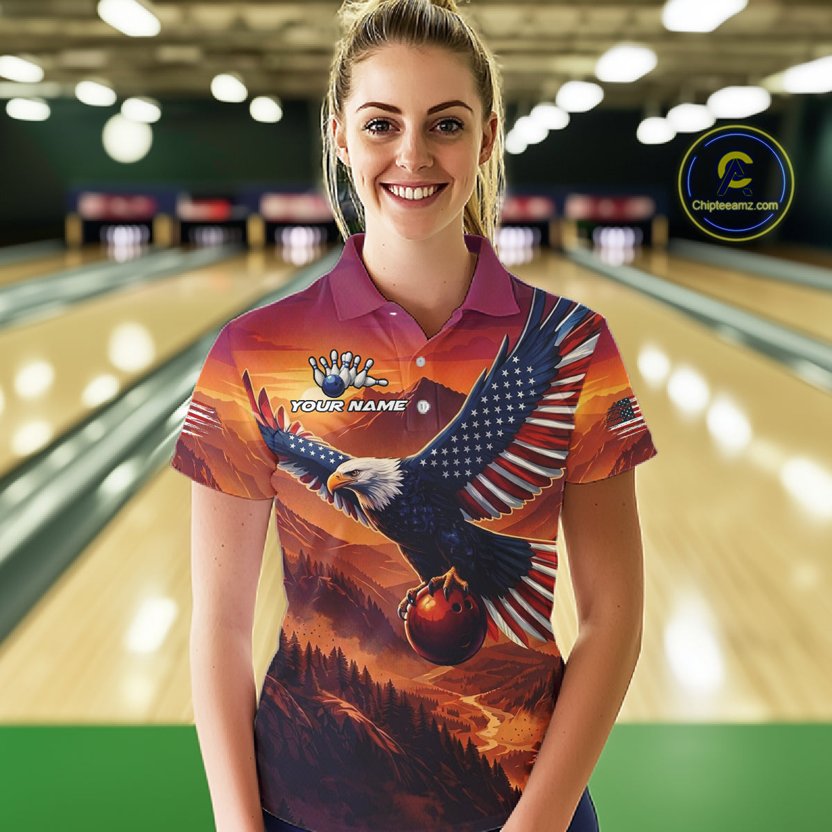 Custom American Eagle Bowling Shirt for Women Sunset Bowling Jersey Patriotic QZT975