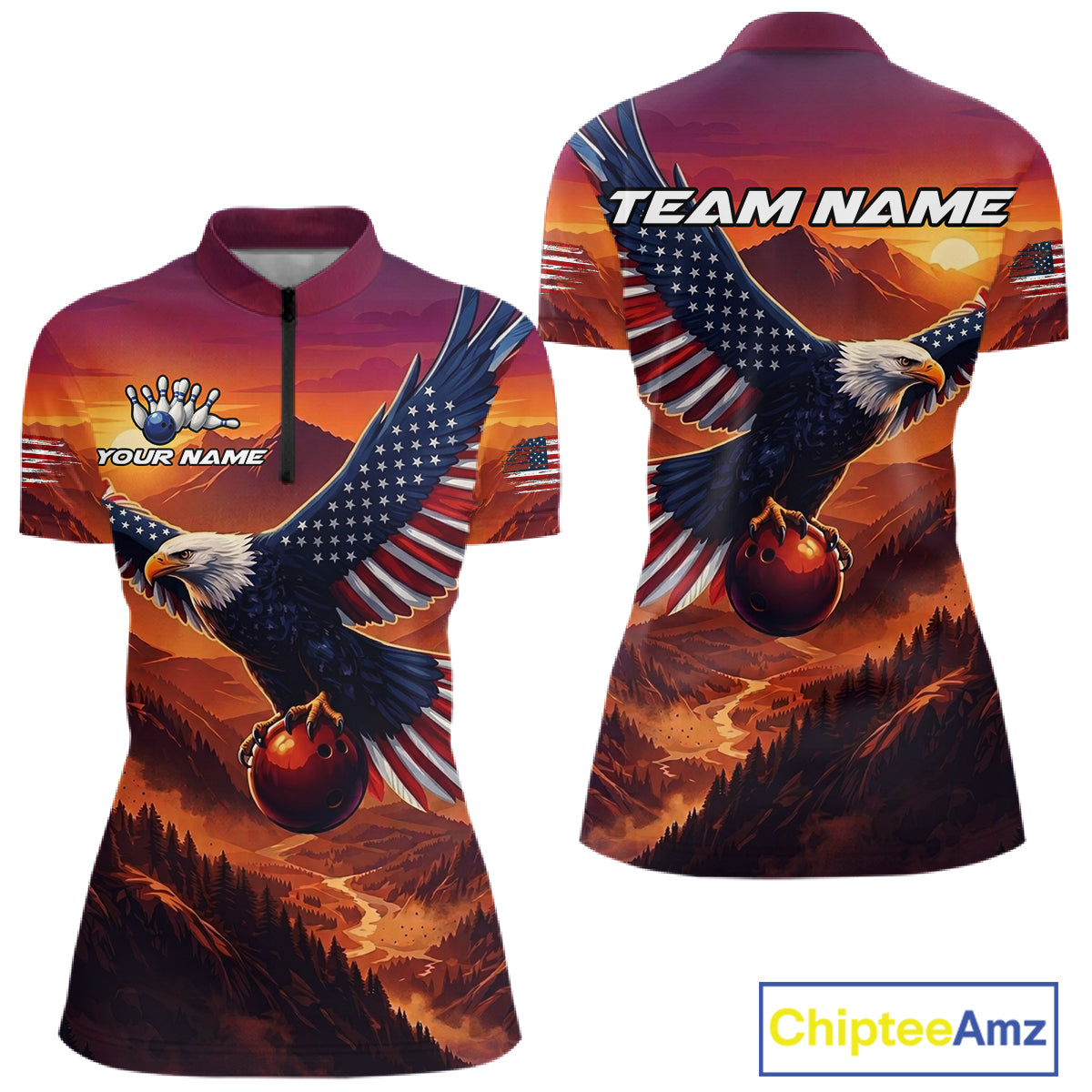 Custom American Eagle Bowling Shirt for Women Sunset Bowling Jersey Patriotic QZT975