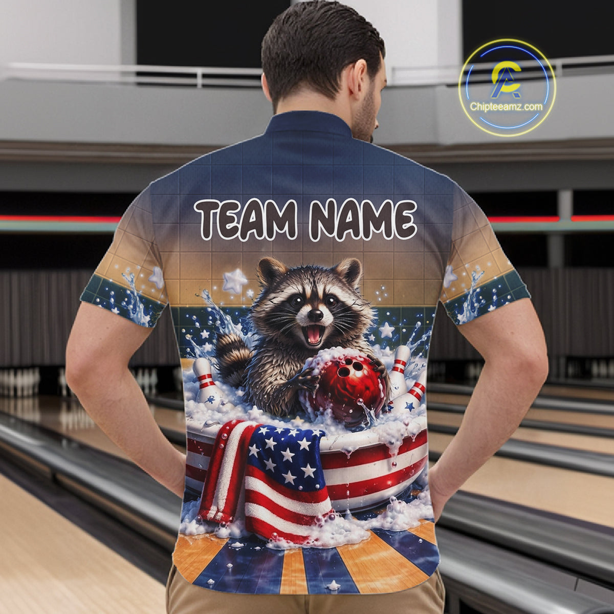 Funny Raccoon Bowling Shirt for Men Custom Patriotic Bowling Jersey US Flag Bowling Outfit QZT976