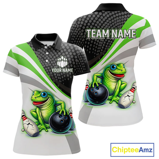 Personalized Funny Green Frog Bowling Shirt Ugly Bowling Jersey Unisex Polo for Women QZT845