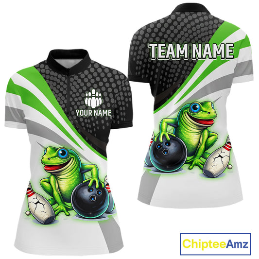 Personalized Funny Green Frog Bowling Shirt Ugly Bowling Jersey Unisex Polo for Women QZT845