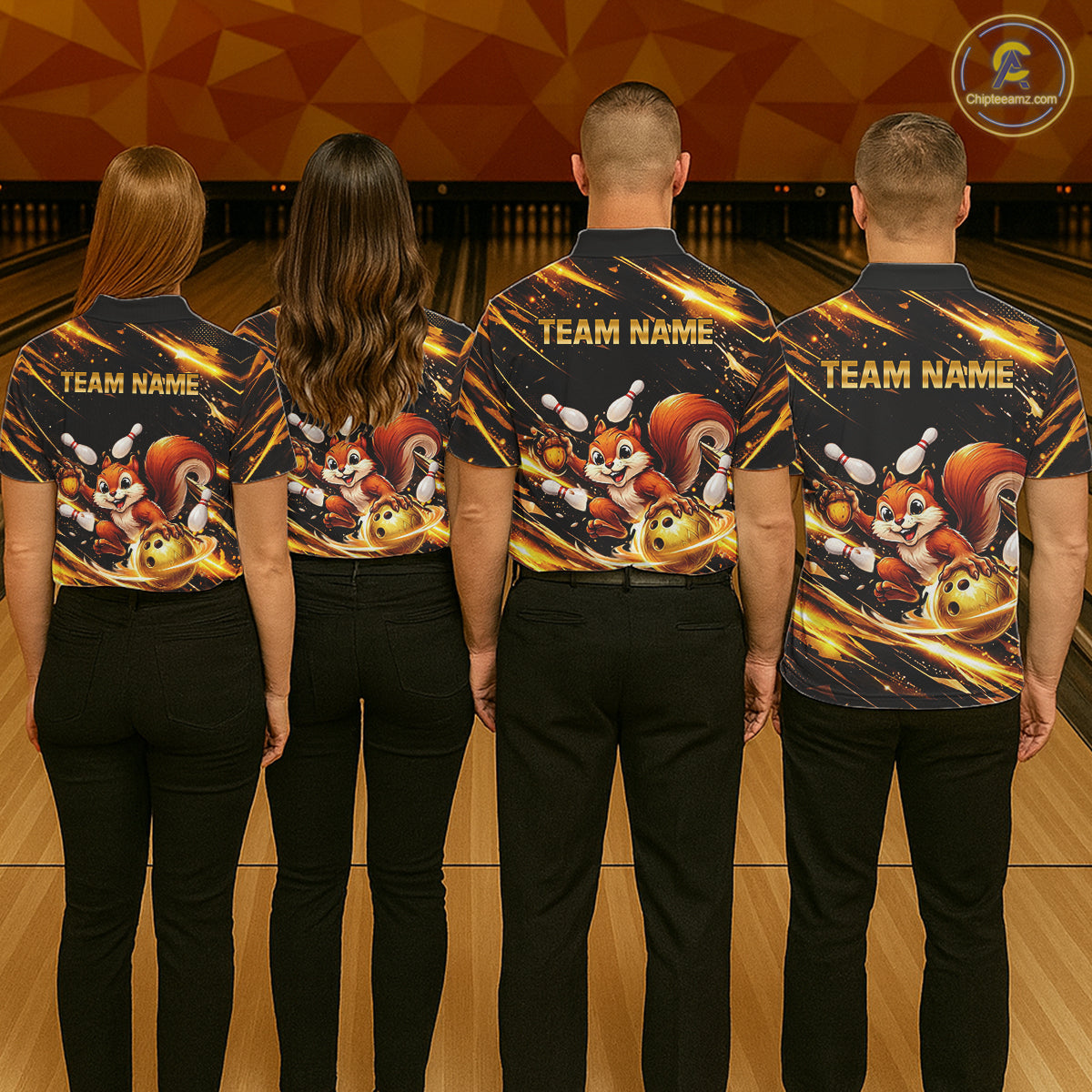 Back & Gold Squirrel Bowling Team Shirt for Men Custom Funny Bowling Jersey Polo & 1/4-Zip Bowling Outfit QZT980