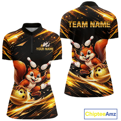 Back & Gold Squirrel Bowling Team Shirt for Women Custom Funny Bowling Jersey Polo & 1/4-Zip QZT980
