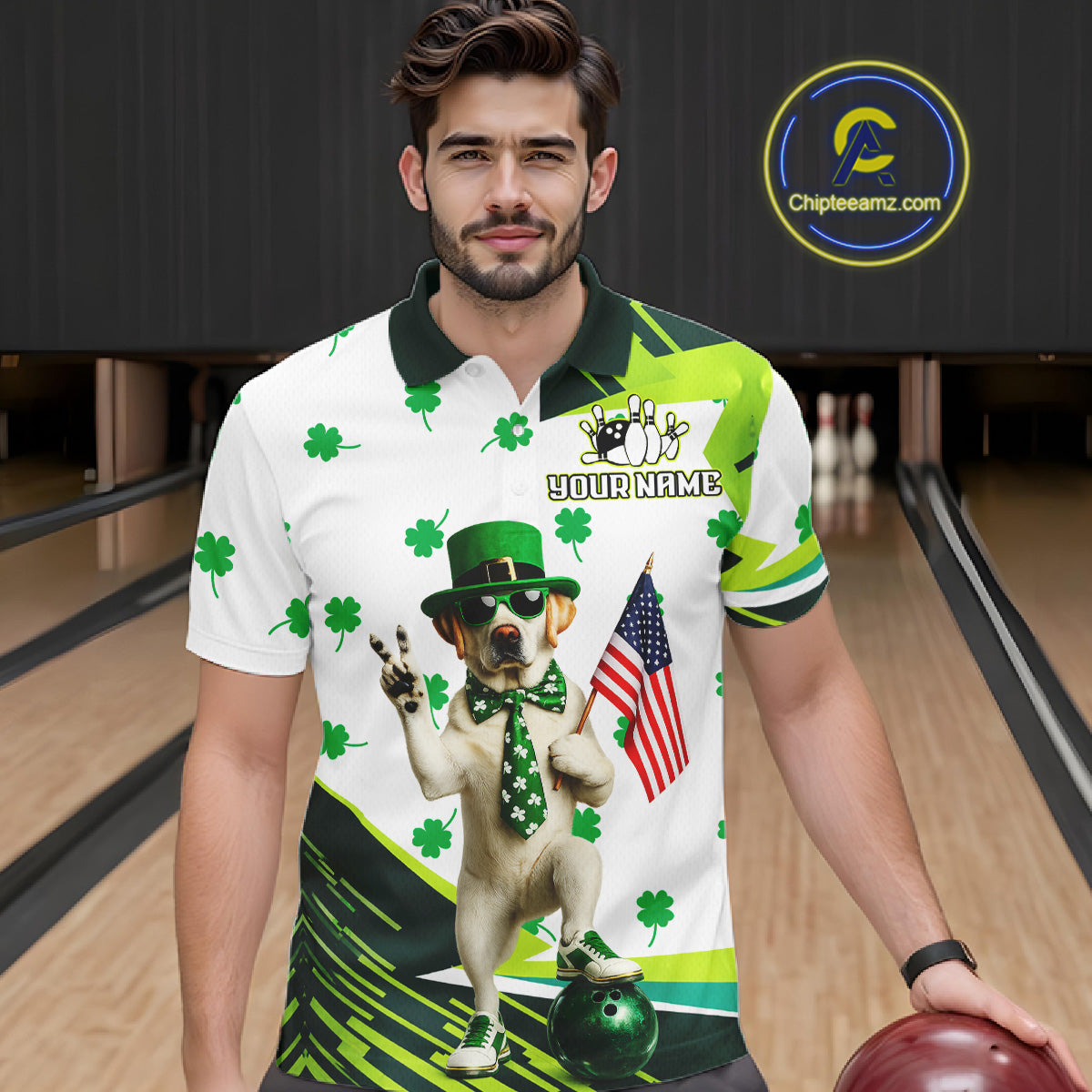 Custom Green Funny Golden Retriever Dog Bowling Shirt Samrock Pattern Bowling St. Patrick Day for Men QZT936