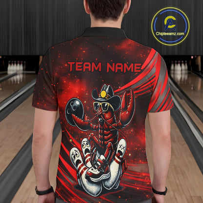 Person wearing a red and black bowling shirt with a crawfish design and 'TEAM NAME' text on a bowling alley.