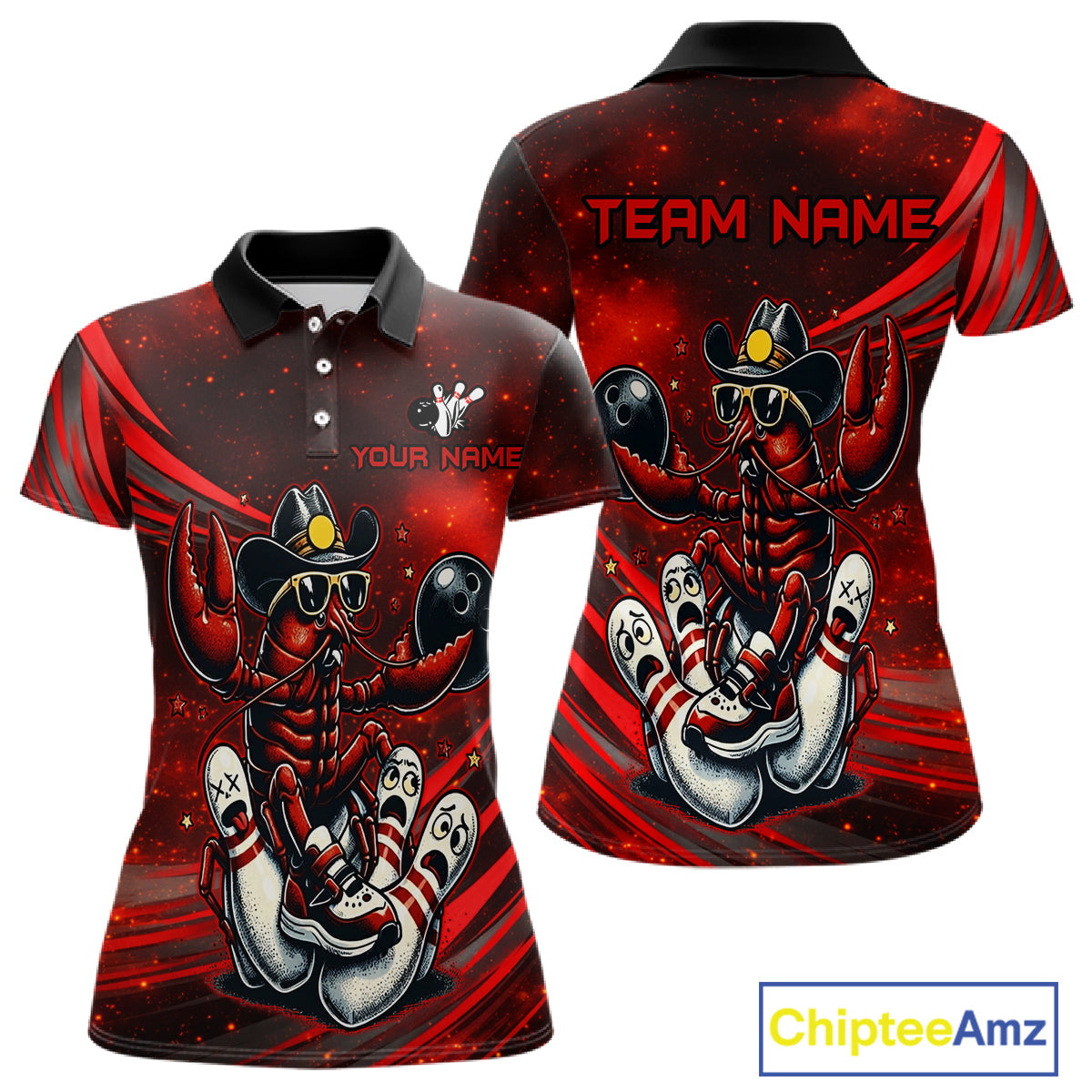Red and black polo shirt with crawfish design and 'Team Name' text on a white background