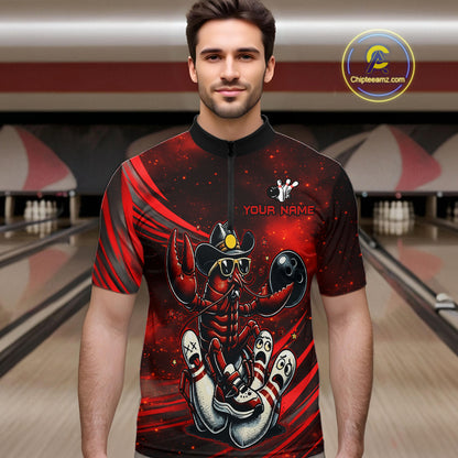 Man wearing a red and black bowling shirt with a design in a bowling alley.