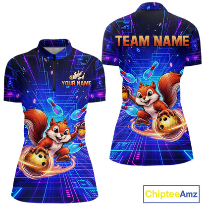 Custom Neon Funny Squirrel Bowling Shirt for Women Bowling Team Jersey Polo & Quarter-Zip Bowling Outfit QZT981