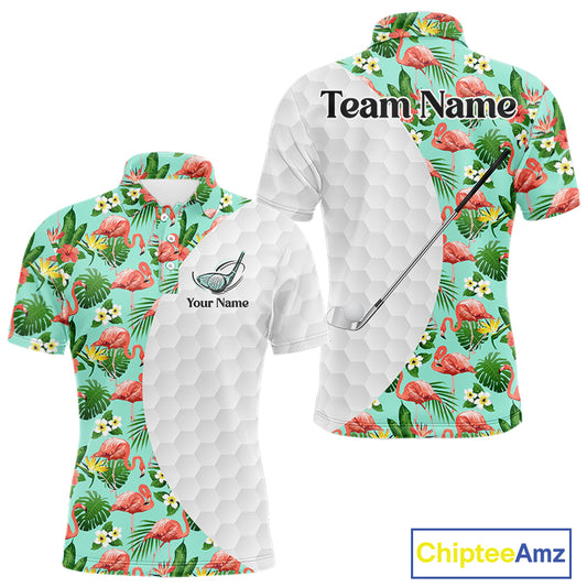 Custom Mens Golf Polo Shirt Green Tropical Pink Flamingo Pattern Personalized Team Golf Top NHN0023