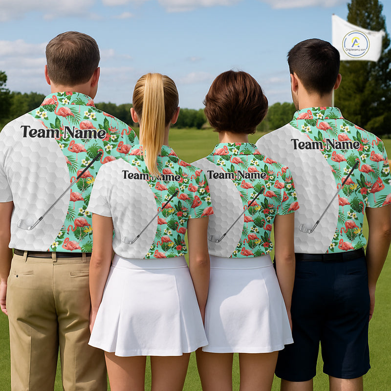 Custom Mens Golf Polo Shirt Green Tropical Pink Flamingo Pattern Personalized Team Golf Top NHN0023