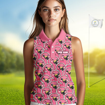 Pink Flamingo Pattern Womens Sleeveless Golf Polo Shirts Custom Name Funny Team Ladies Golf Tops NHN0160