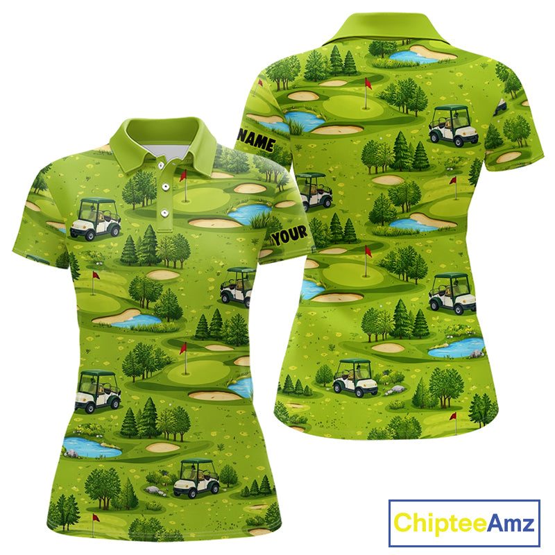 Womens Golf Polo Shirt Custom Gofl Ball Green Golf Course Pattern Team Golf Tops, Golf Gifts NHN0163