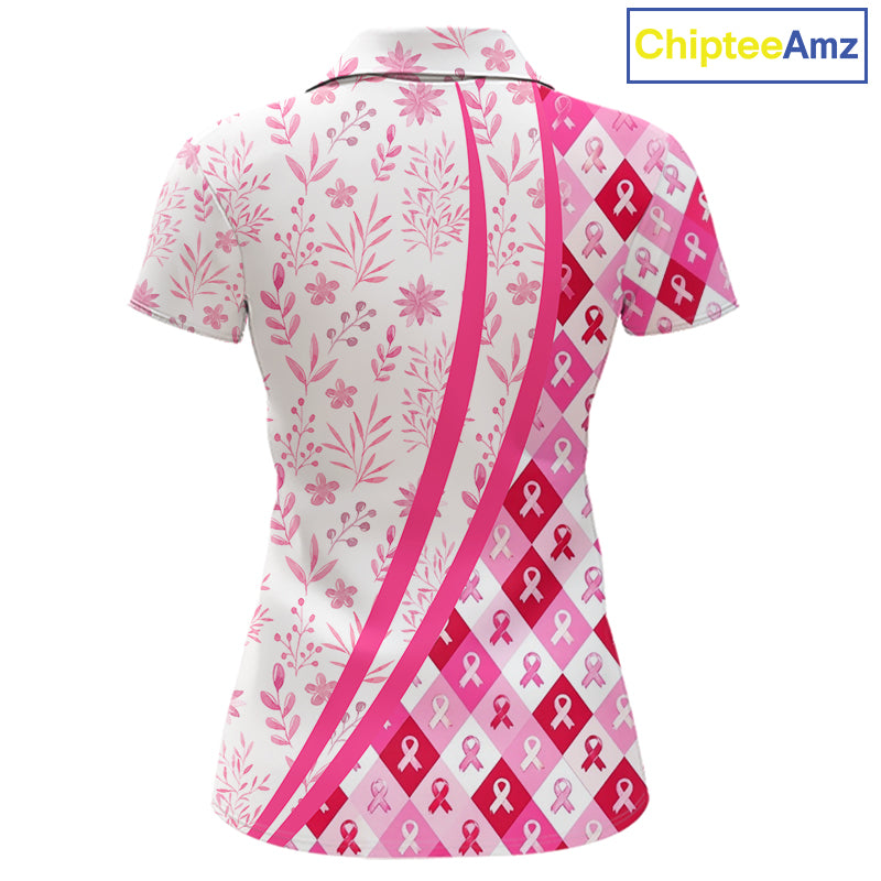 Pink Plaid Womens Golf Polo Shirt Custom Pink Ribbon Breast Cancer Awareness Team Golf Tops NHN0164