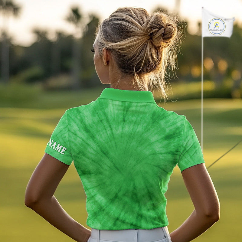 Green Tie Dye Womens Golf Polo Shirt Custom Name Green Clover St Patrick Day Team Ladies Golf Tops NHN0168