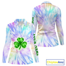 Load image into Gallery viewer, Colorful Pastel Tie Dye Womens Long Sleeve Golf Polo Shirt Custom Green Clover St Patrick Day Golf Top NHN0169