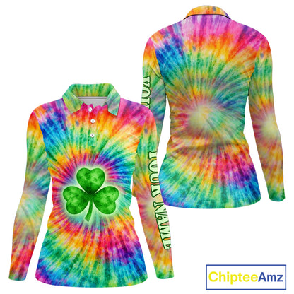 Colorful Tie Dye Womens Long Sleeve Golf Polo Shirt Custom Green Clover St Patrick Day Golf Tops NHN0170