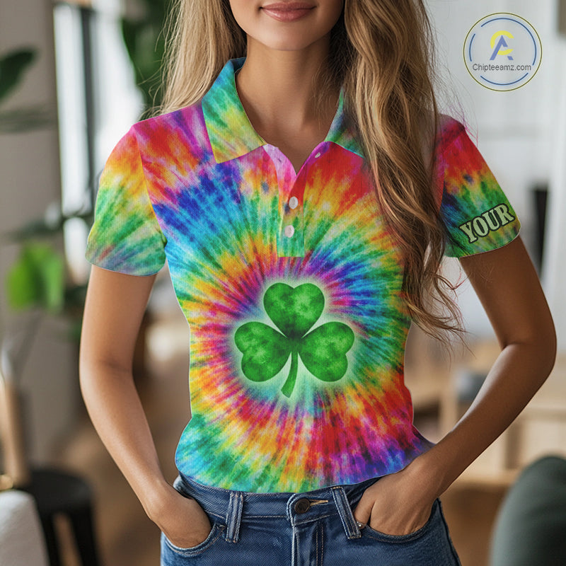Colorful Tie Dye Womens Golf Polo Shirt Custom Green Clover St Patrick Day Golf Tops, Golf Gifts NHN0170