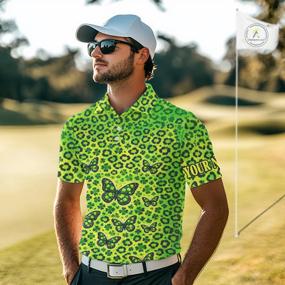Mens Golf Polo Shirt Colorful Green Leopard Print Pattern Custom Butterfly Team Golf Tops For Men NHN0171
