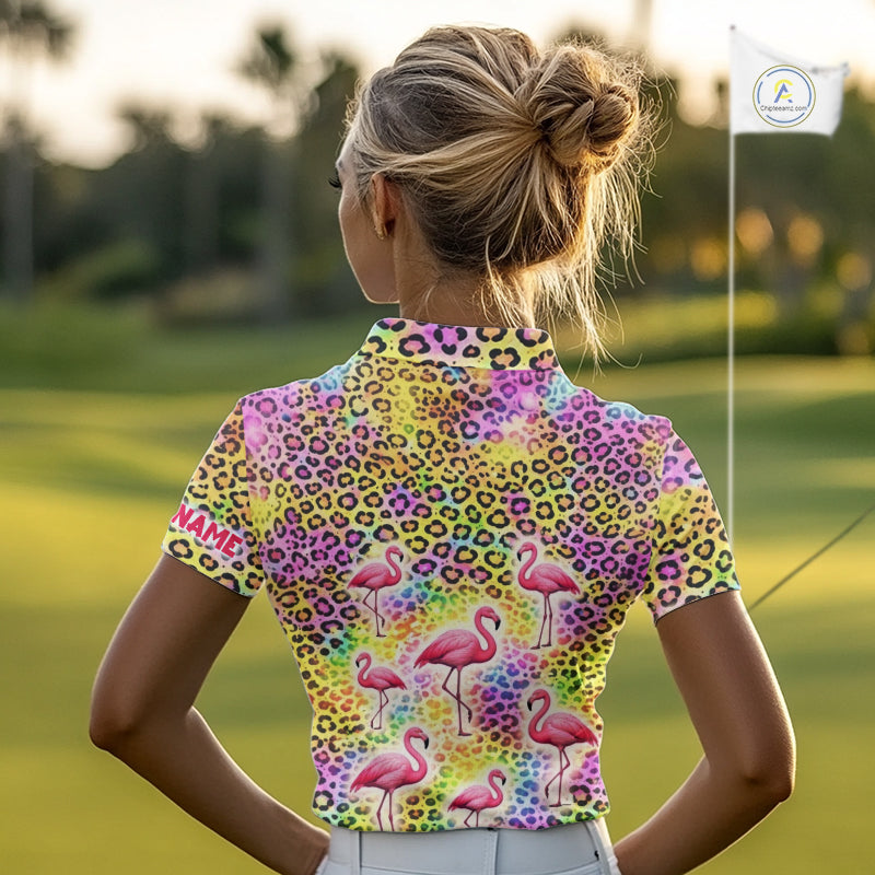Flamingo Womens Golf Polo Shirt Colorful Rainbow Leopard Print Pattern Custom Team Ladies Golf Top NHN0181