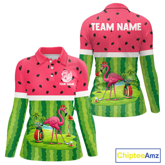 Funny Watermelon Polo Shirt, Womens Long Sleeve Golf Polo Shirt Custom Tropical, Flamingo Golf Shirts NHN0183