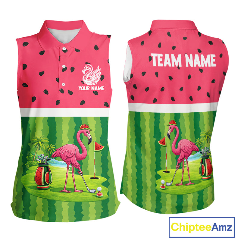 Funny Watermelon Polo Shirt, Womens Sleeveless Golf Polo Custom Tropical Pattern, Flamingo Golf Shirts NHN0183