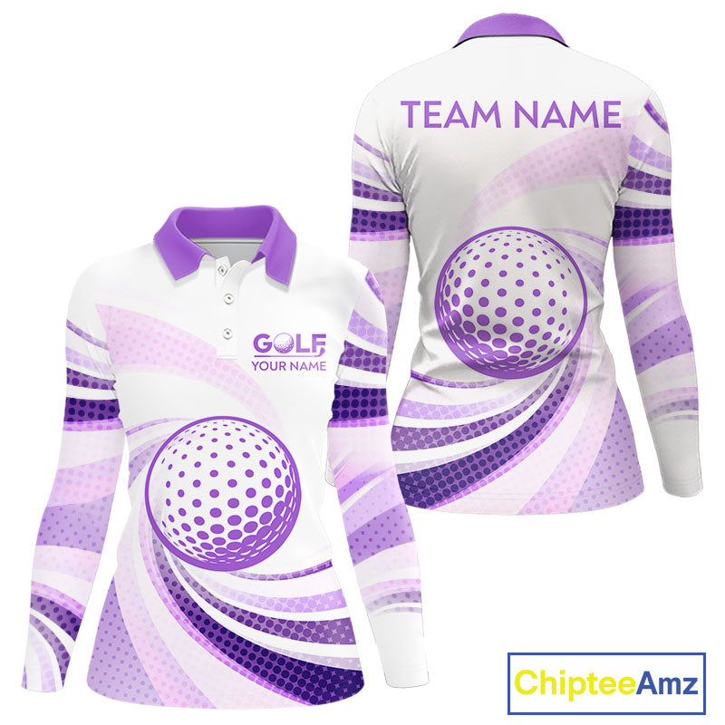 Purple And White Womens Long Sleeve Golf Polo Shirts Custom Name Golf Shirt For Ladies Personalized NHN0053