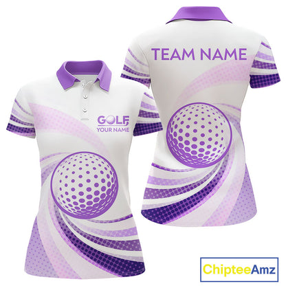 Purple And White Womens Golf Polo Shirts Custom Name Golf Shirt For Ladies Personalized Golf Ball NHN0053