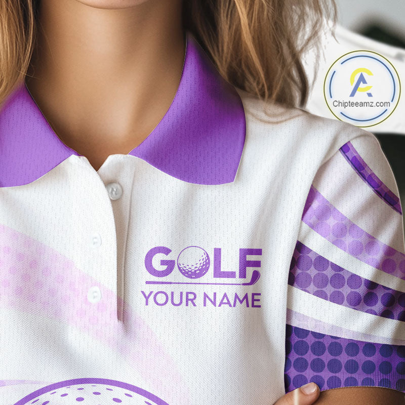Purple And White Womens Golf Polo Shirts Custom Name Golf Shirt For Ladies Personalized Golf Ball NHN0053