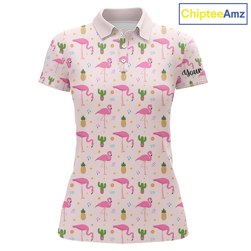 Pink Flamingo Pattern Womens Golf Polo Shirts Custom Funny Desert Cactus Team Ladies Golf Tops, Golf Gift NHN0184