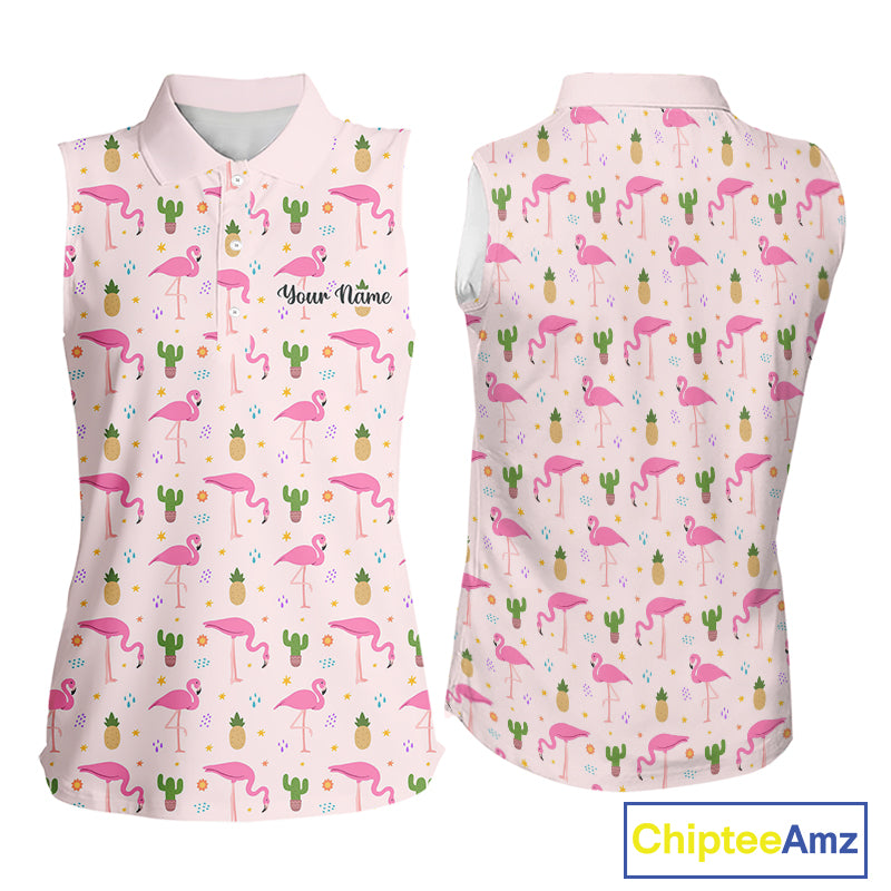 Desert Pink Flamingo Pattern Womens Sleeveless Golf Polo Shirts Custom Funny Team Ladies Golf Tops NHN0184