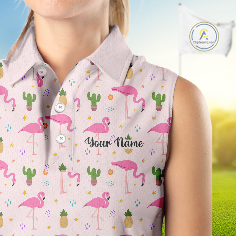 Desert Pink Flamingo Pattern Womens Sleeveless Golf Polo Shirts Custom Funny Team Ladies Golf Tops NHN0184