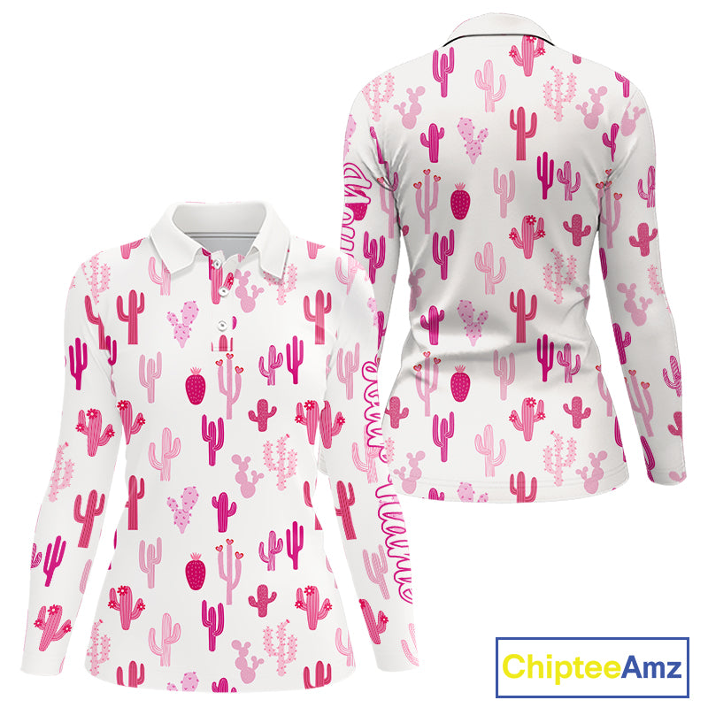 Funny Pink Cactus Pattern Womens Long Sleeve Golf Polo Shirts Custom Cactus Ladies Golf Attire NHN0185