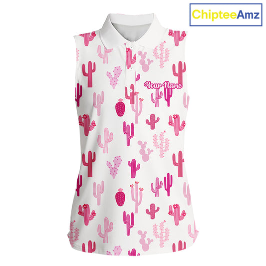 Funny Pink Cactus Pattern Womens Sleeveless Golf Polo Shirts Custom Cactus Ladies Golf Attire, Golf Gift NHN0185