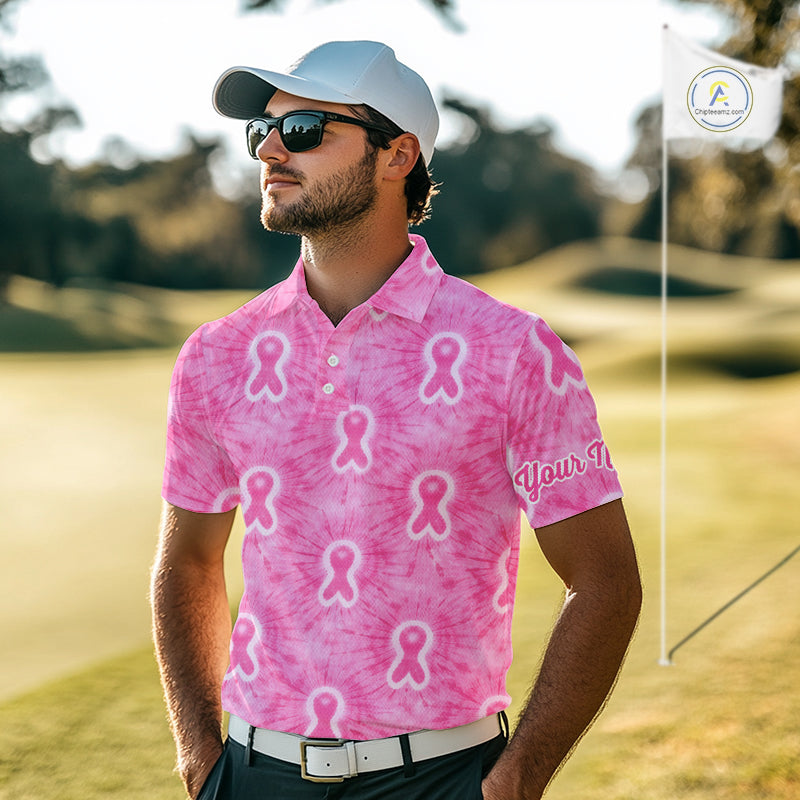Pink Breast Cancer Golf Shirt Custom Name Tie Dye Mens Golf Polo Shirt Personalized Golf Gifts NHN0188