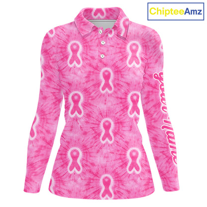 Pink Breast Cancer Golf Shirt Custom Tie Dye Womens Long Sleeve Golf Polo Shirt, Pink Golf Gifts NHN0188