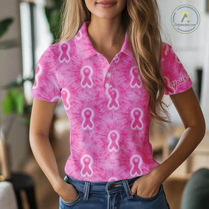 Pink Breast Cancer Golf Shirt Custom Name Tie Dye Women Golf Polo Shirt Personalized Golf Gifts NHN0188