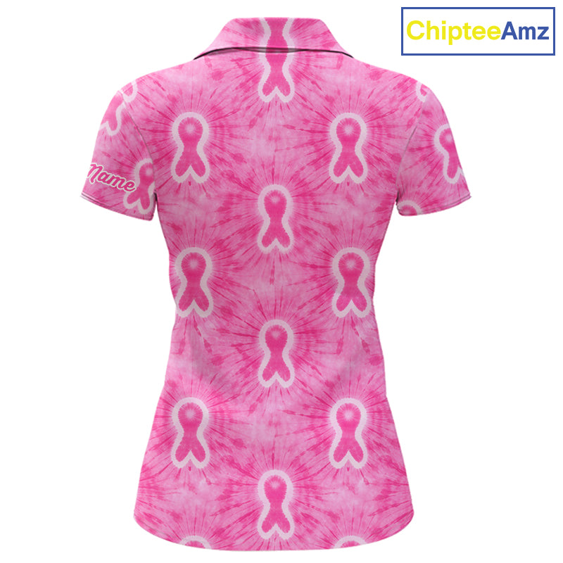 Pink Breast Cancer Golf Shirt Custom Name Tie Dye Women Golf Polo Shirt Personalized Golf Gifts NHN0188