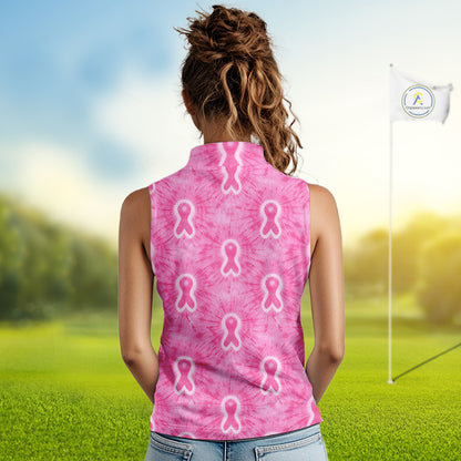 Pink Breast Cancer Golf Shirt Custom Tie Dye Womens Sleeveless Golf Polo Shirt, Pink Golf Gifts NHN0188