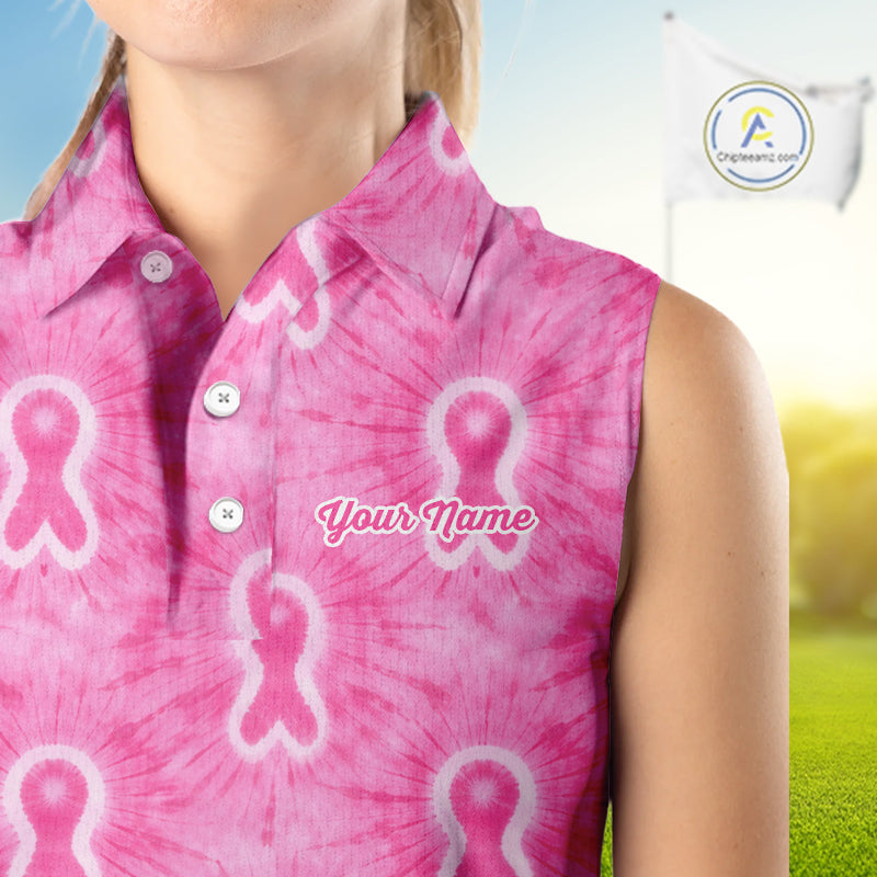 Pink Breast Cancer Golf Shirt Custom Tie Dye Womens Sleeveless Golf Polo Shirt, Pink Golf Gifts NHN0188