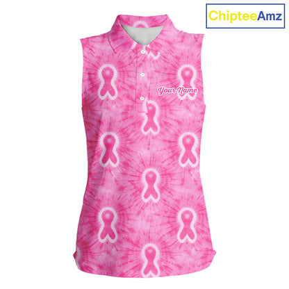 Pink Breast Cancer Golf Shirt Custom Tie Dye Womens Sleeveless Golf Polo Shirt, Pink Golf Gifts NHN0188