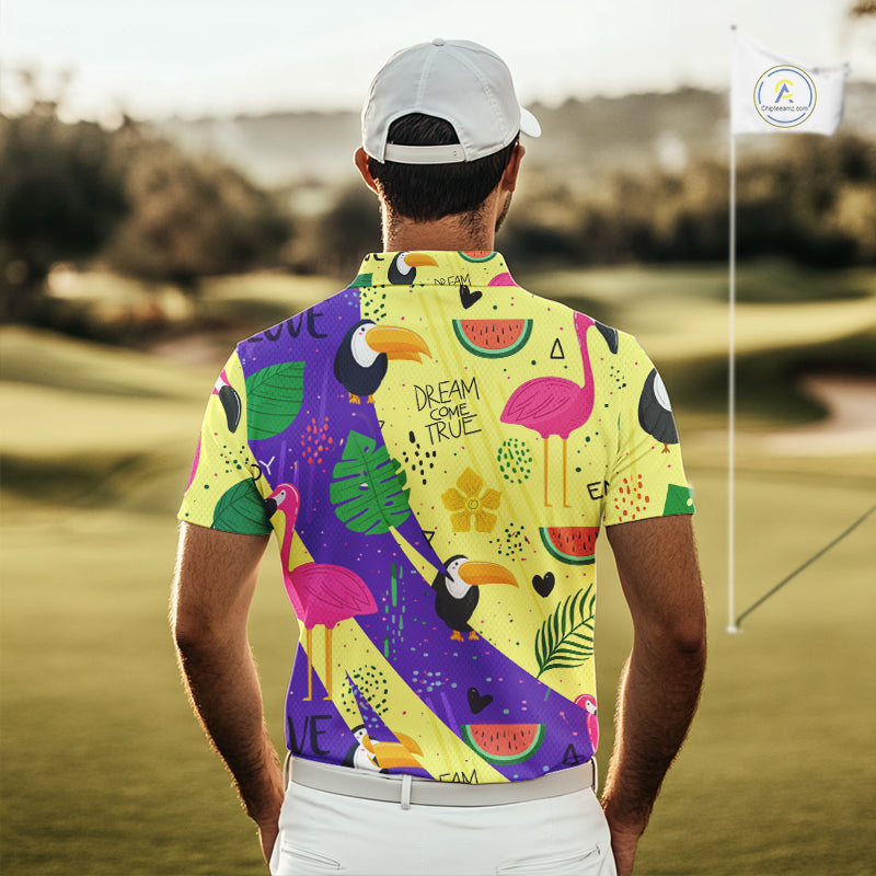 Funny Mens Golf Polo Shirt Custom Tropical Summer Pattern Flamingo Golf Shirts For Men NHN0195