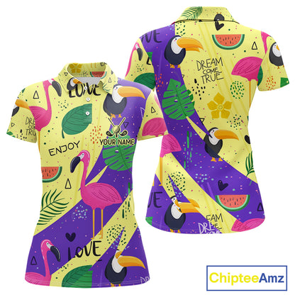 Funny Womens Golf Polo Shirt Custom Tropical Summer Pattern, Flamingo Golf Shirts For Ladies NHN0195