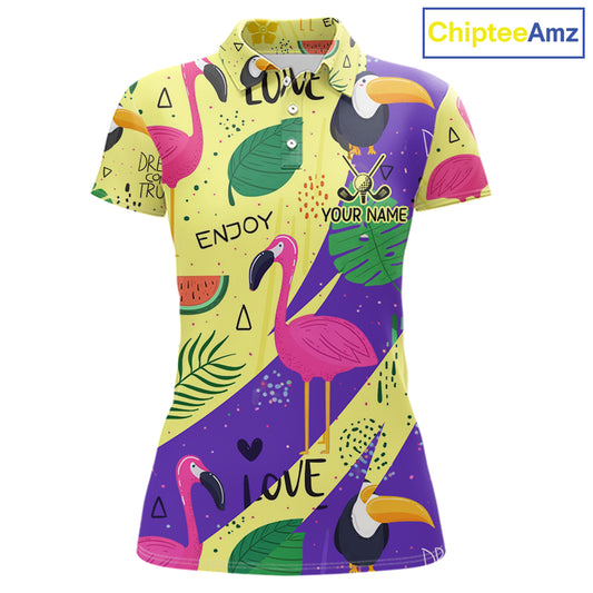 Funny Womens Golf Polo Shirt Custom Tropical Summer Pattern, Flamingo Golf Shirts For Ladies NHN0195