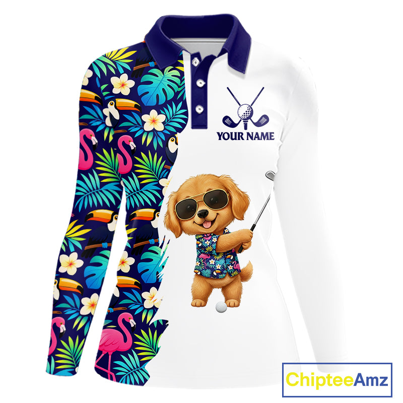 Funny Womens Long Sleeve Golf Polo Shirt Custom Tropical Pattern, Golden Retriever Golf Shirt, Dog Gift NHN0196