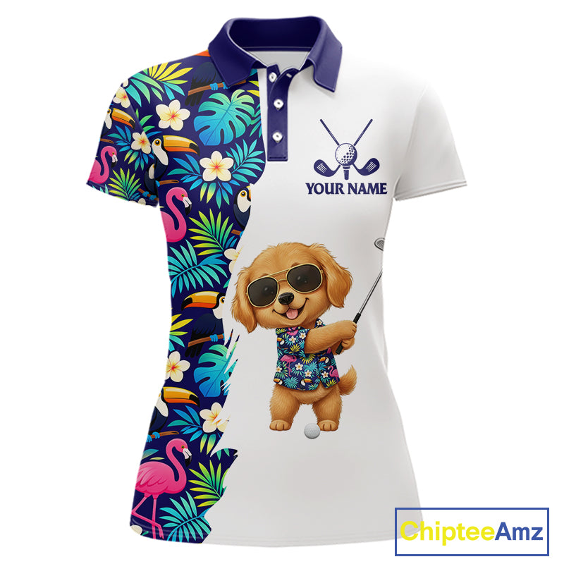 Funny Womens Golf Polo Shirts Custom Tropical Pattern, Golden Retriever Golf Shirt, Dog Lover Gift NHN0196